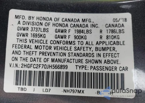 2018 Honda Civic Ex z USA, uszkodzony, nr VIN 2HGFC2F70JH566899